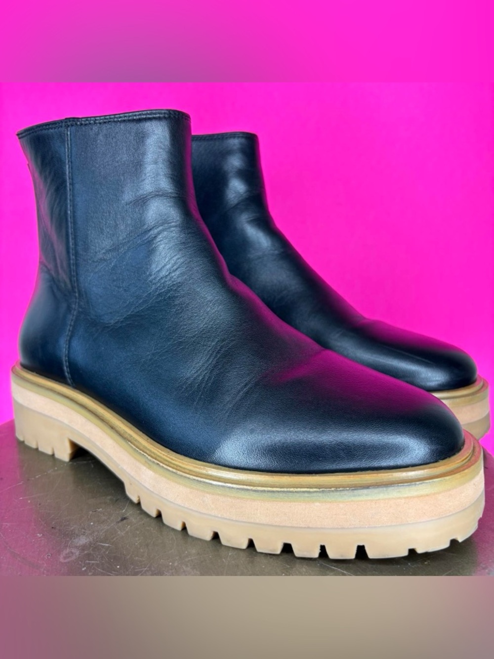 Madewell Black Leather Chunky Lug Sole Back Zip-Up Ankle Boot US 8